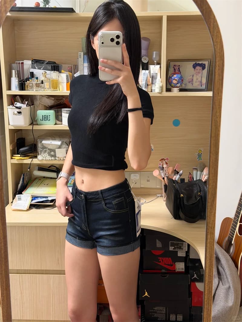 아메리칸 레트로 핫걸 로우 웨이스트 볼륨 측면 데님 반바지 여성 가을 섹시함 타이트 스커트 초단바지 몸매 가꾸기 타이트 핫 바지 상세 이미지 5