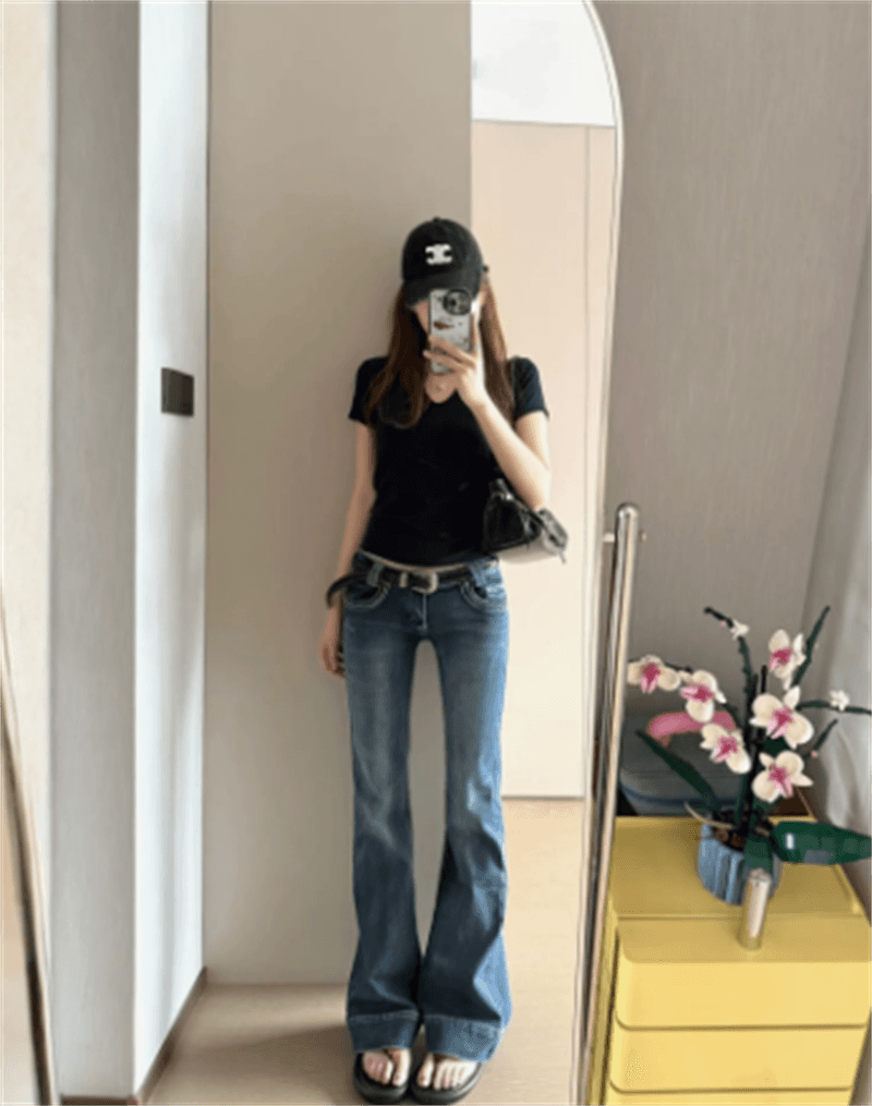 청바지 여성 이른 가을 거리 바람 로우 웨이스트 부츠컷 도루 센스 슬림해 보이는 나팔 바지 몸매 가꾸기 다용도 키 큰 남자 바닥 청소 바지 이미지 2