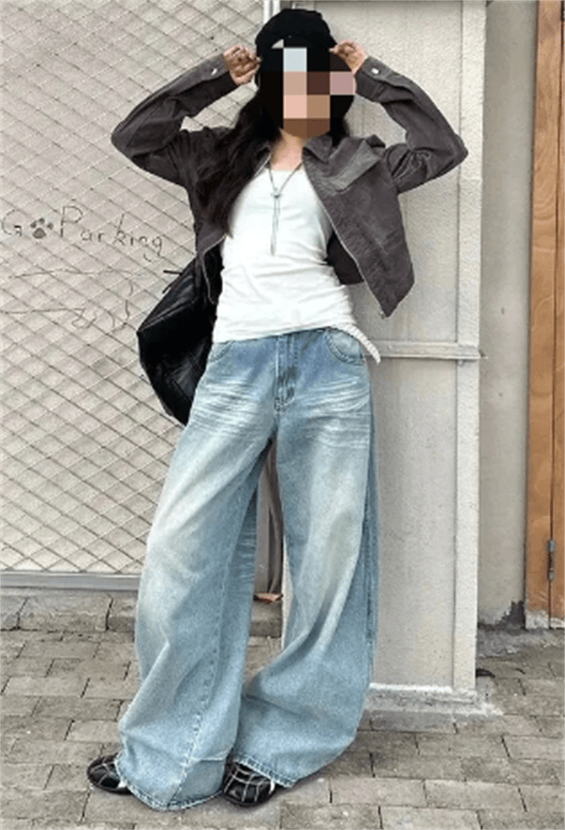 청바지 여성 가을 높음 거리 조수 브랜드 루즈핏 밝은색 주머니 자수 와이드 레그 팬츠 하이웨이스트 슬림해 보이는 모통이 칼 바닥 청소 바지 상세 이미지 6