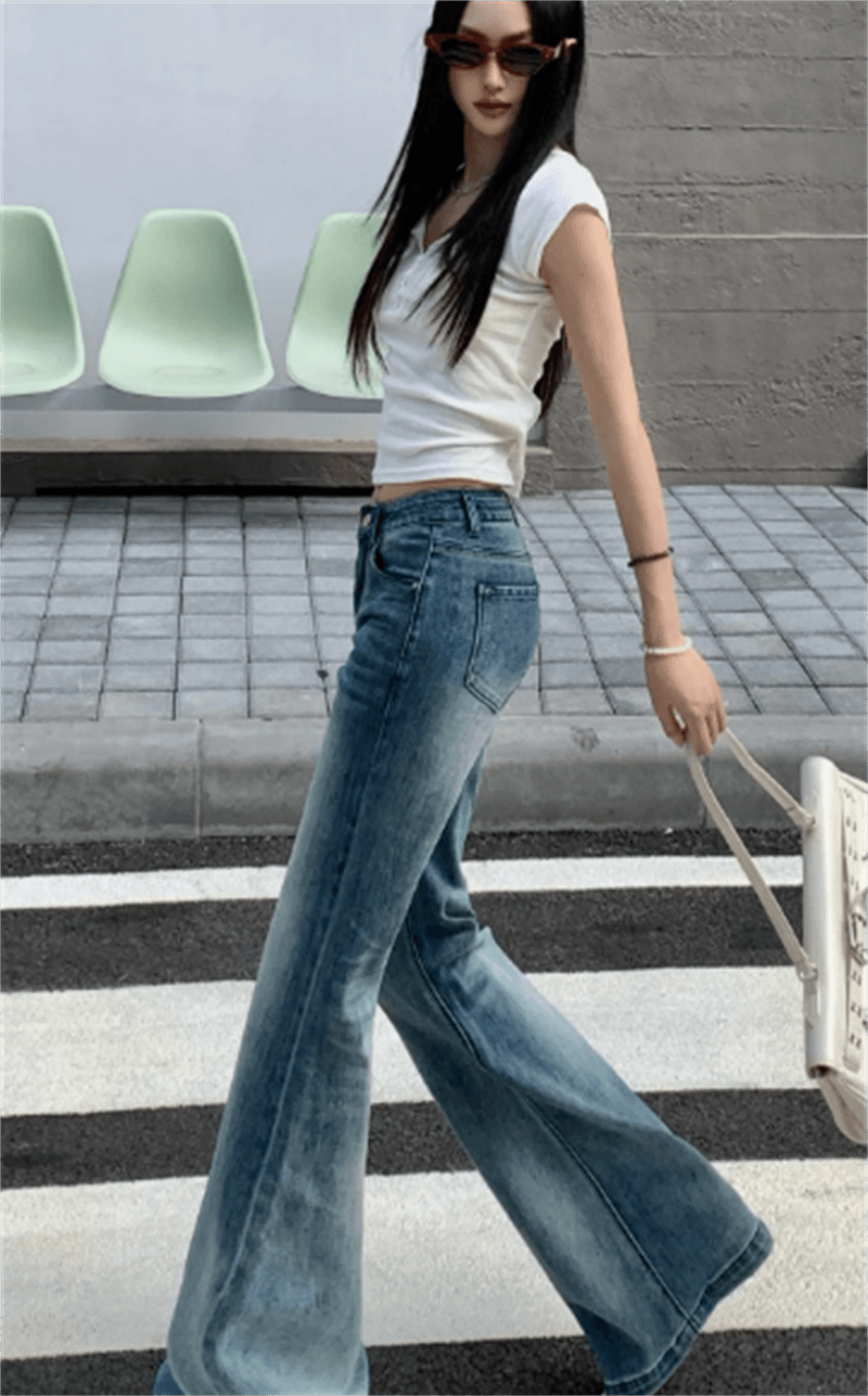 청바지 여성 가을 레트로 블루 워싱 연삭 화이트 로우 웨이스트 아니요 막대기 다리 부츠컷 바지 빅 사이즈 신축성 슬림해 보이는 바닥 청소 바지 이미지 4