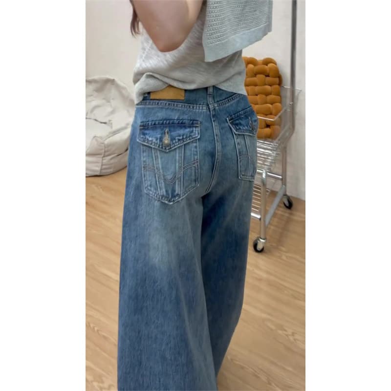 아메리칸 핫걸 레트로 다용도 청바지 여성 2026 가을 새로운 슬림해 보이는 하이웨이스트 chic 넓은 다리 바닥 청소 바지 상세 이미지 2