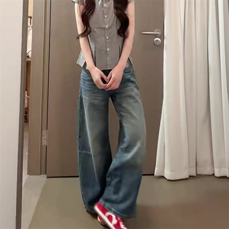 아메리칸 넓은 다리 청바지 여성 이른 가을 레트로 고급 센스 슬림해 보이는 없음 허리 머리 모통이 칼 바지 도루 센스 슬림해 보이는 바닥 청소 바지 이미지 3