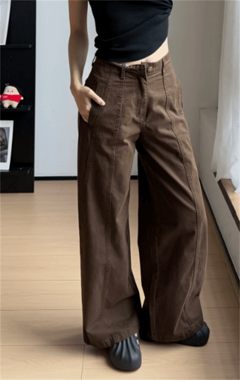 커피 색상 청바지 여성 이른 가을 레트로 도루 센스 캐주얼 하이웨이스트 와이드 레그 팬츠 핫걸 패치워크 분할 디자인 바닥 청소 바지 이미지 4