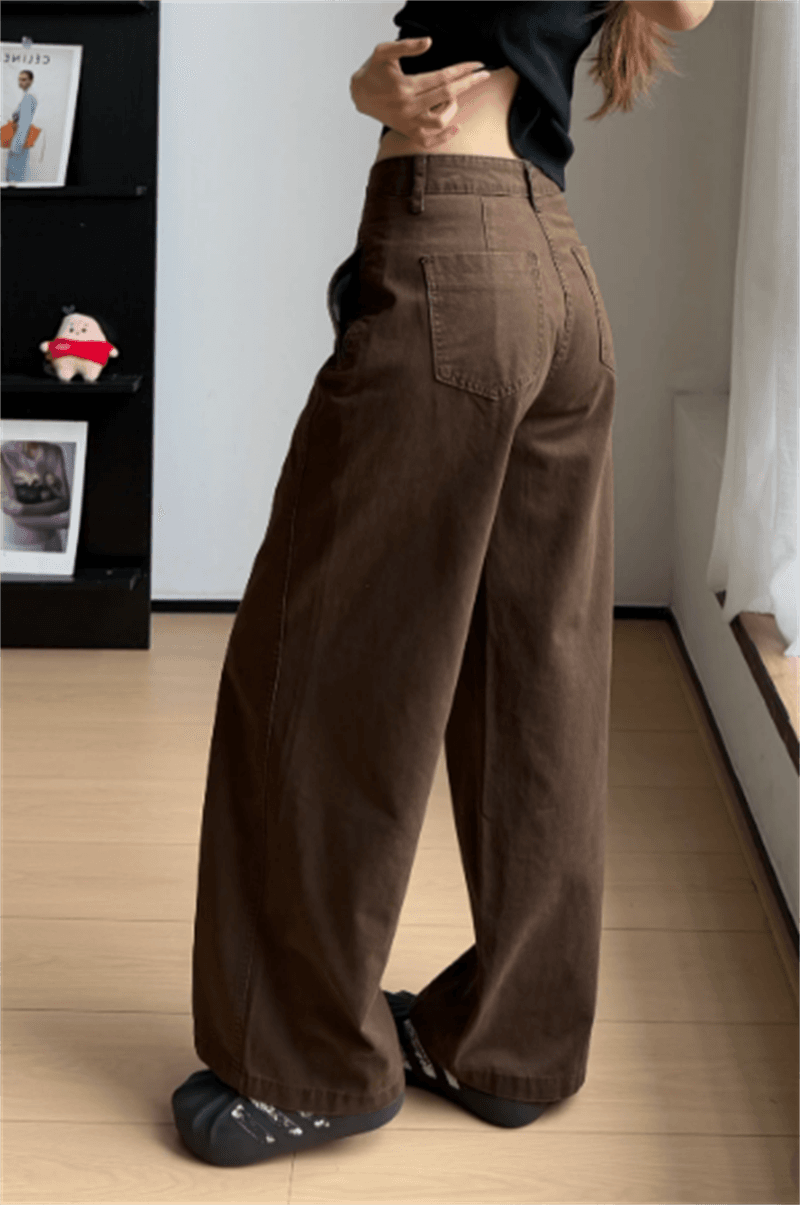 커피 색상 청바지 여성 이른 가을 레트로 도루 센스 캐주얼 하이웨이스트 와이드 레그 팬츠 핫걸 패치워크 분할 디자인 바닥 청소 바지 이미지 2