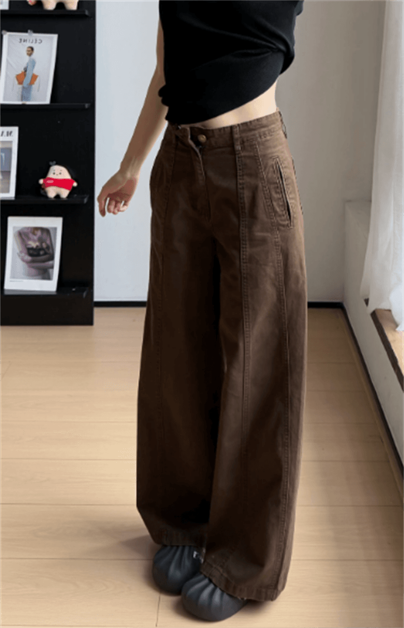 커피 색상 청바지 여성 이른 가을 레트로 도루 센스 캐주얼 하이웨이스트 와이드 레그 팬츠 핫걸 패치워크 분할 디자인 바닥 청소 바지 상세 이미지 4