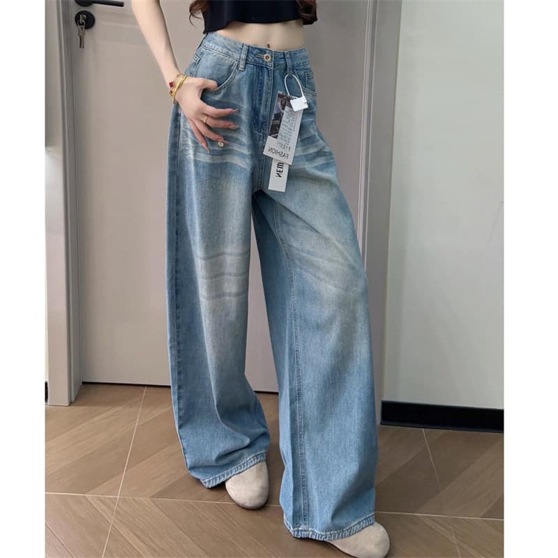 아메리칸 레트로 모통이 칼 청바지 여성 이른 가을 한 부서 느긋한 센스 워싱 와이드 레그 팬츠 루즈핏 슬림해 보이는 바닥 청소 긴 바지
