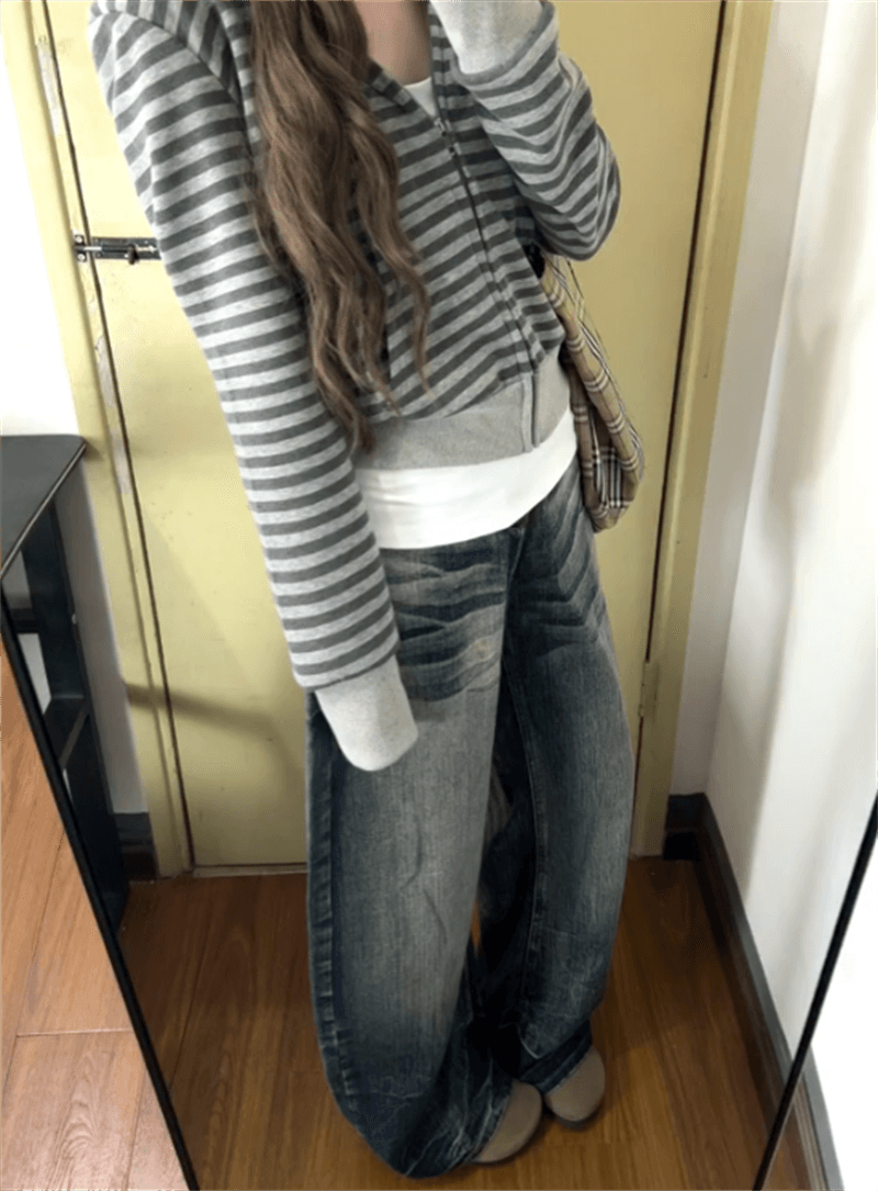 아메리칸 레트로 마 오래된 연삭 화이트 모통이 칼 청바지 여성 가을 하이웨이스트 루즈핏 스트레이트 벽오동 넓은 다리 낫 바지 상세 이미지 3