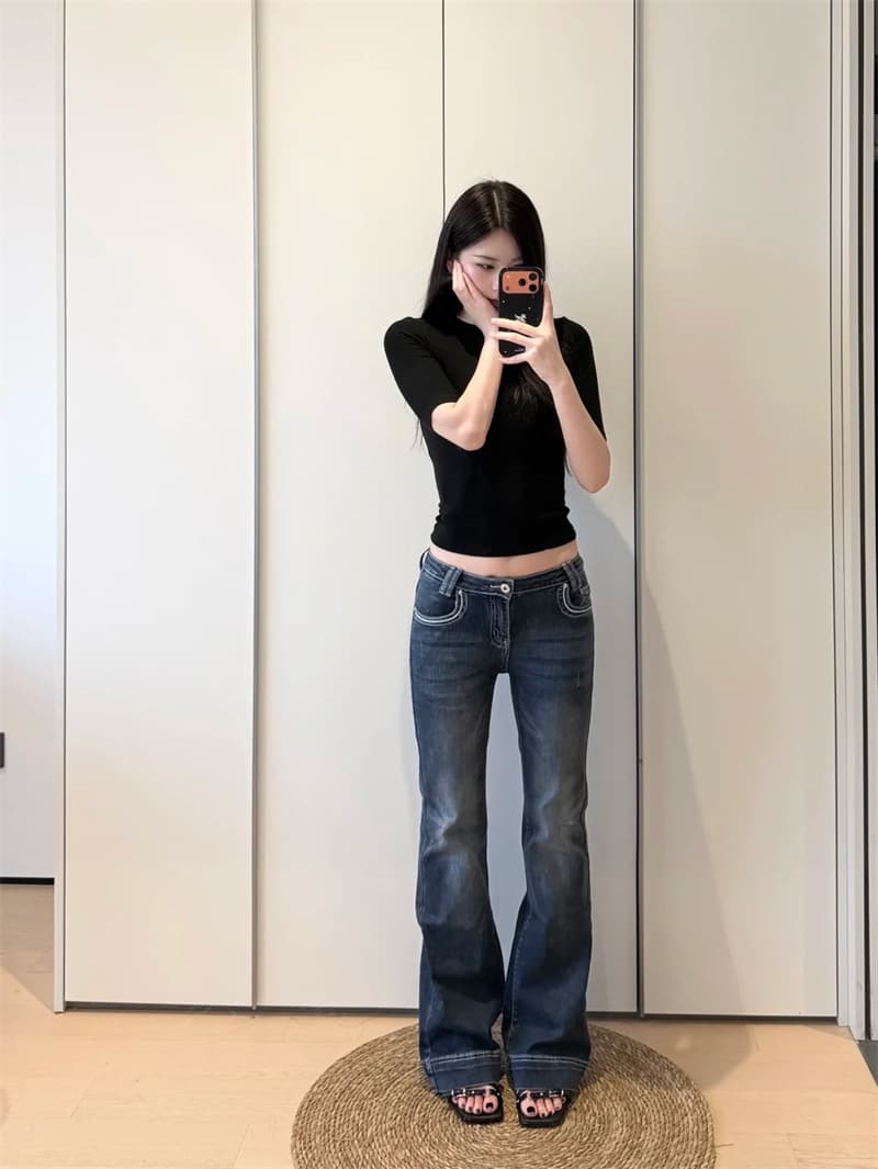 아메리칸 핫걸 로우 웨이스트 청바지 여성 가을 키 큰 남자 길이 연장 부츠컷 바지 디자인 센스 몸매 가꾸기 슬림해 보이는 호스 슈 바지 상세 이미지 3