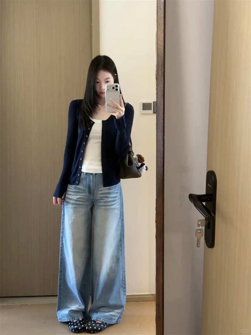 아메리칸 레트로 파란색 주름 넓은 다리 청바지 여성 가을 2026 새로운 워싱 마 오래된 루즈핏 바지 상세 이미지 4