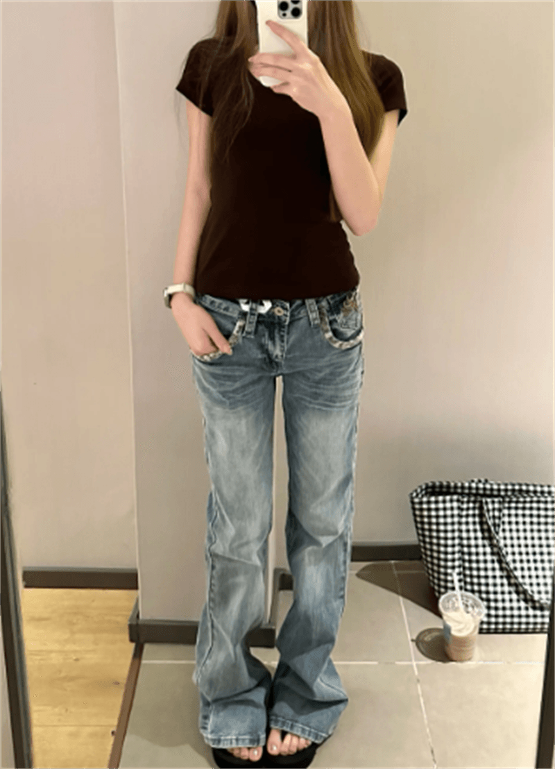 2026 새로운 아메리칸 핫걸 바람 레오파드 무늬 슬림해 보이는 좁은 에디션 청바지 아이들 아메리칸 레트로 워싱 바닥 청소 바지