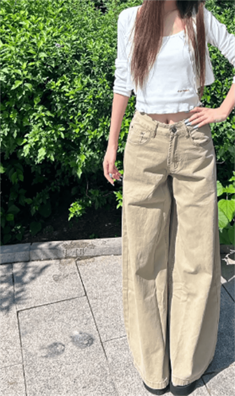 빅 사이즈 아메리칸 청바지 여성 가을 카키 색 키 큰 남자 길이 연장 와이드 레그 팬츠 지방 mm 슬림해 보이는 캐주얼 바닥 청소 바지 이미지 3