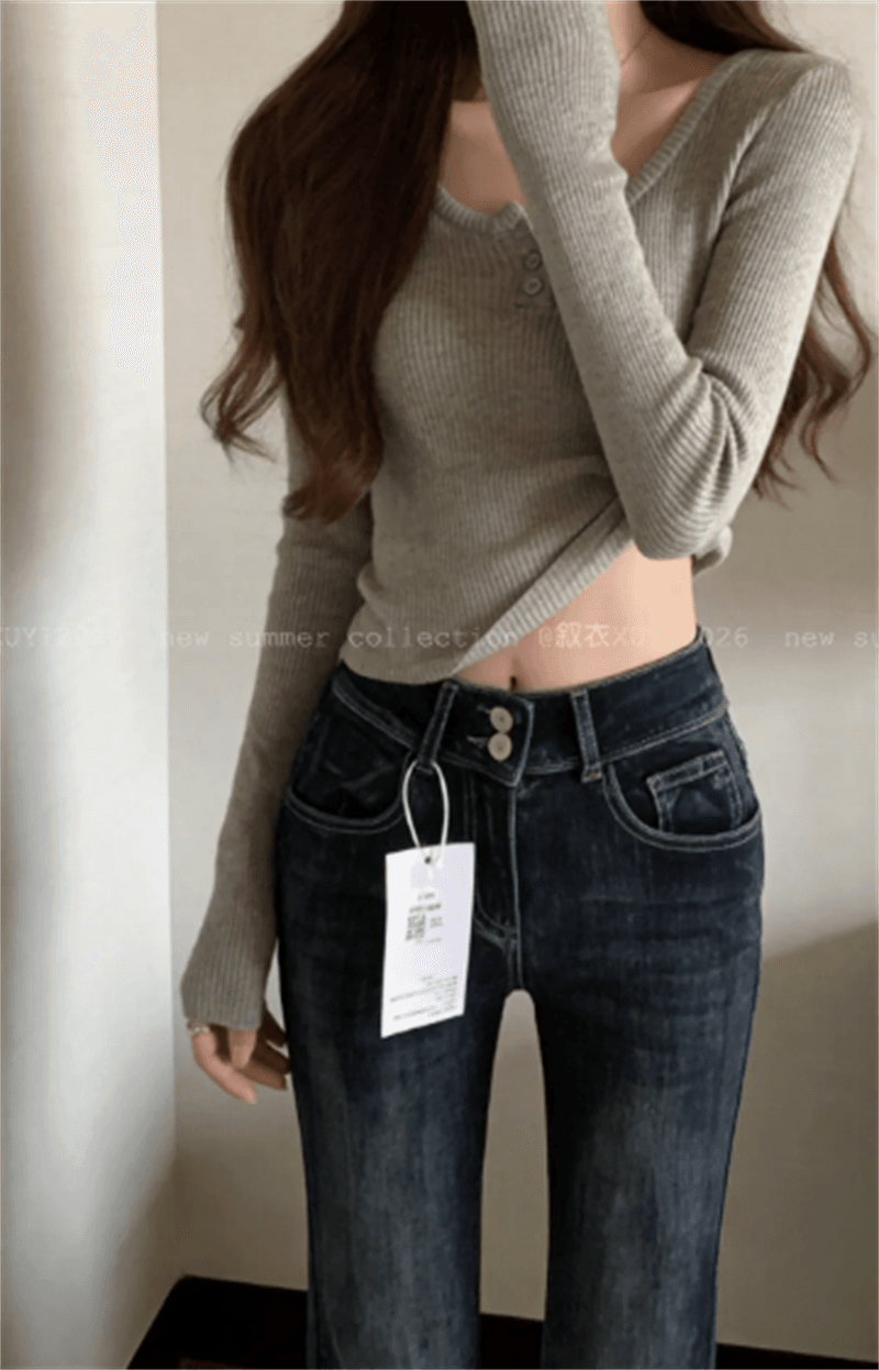 청바지 여성 이른 가을 아메리칸 레트로 진한 파란색 더블 버클 부츠컷 바지 좁은 에디션 신축성 몸매 가꾸기 슬림해 보이는 호스 슈 긴 바지 상세 이미지 4