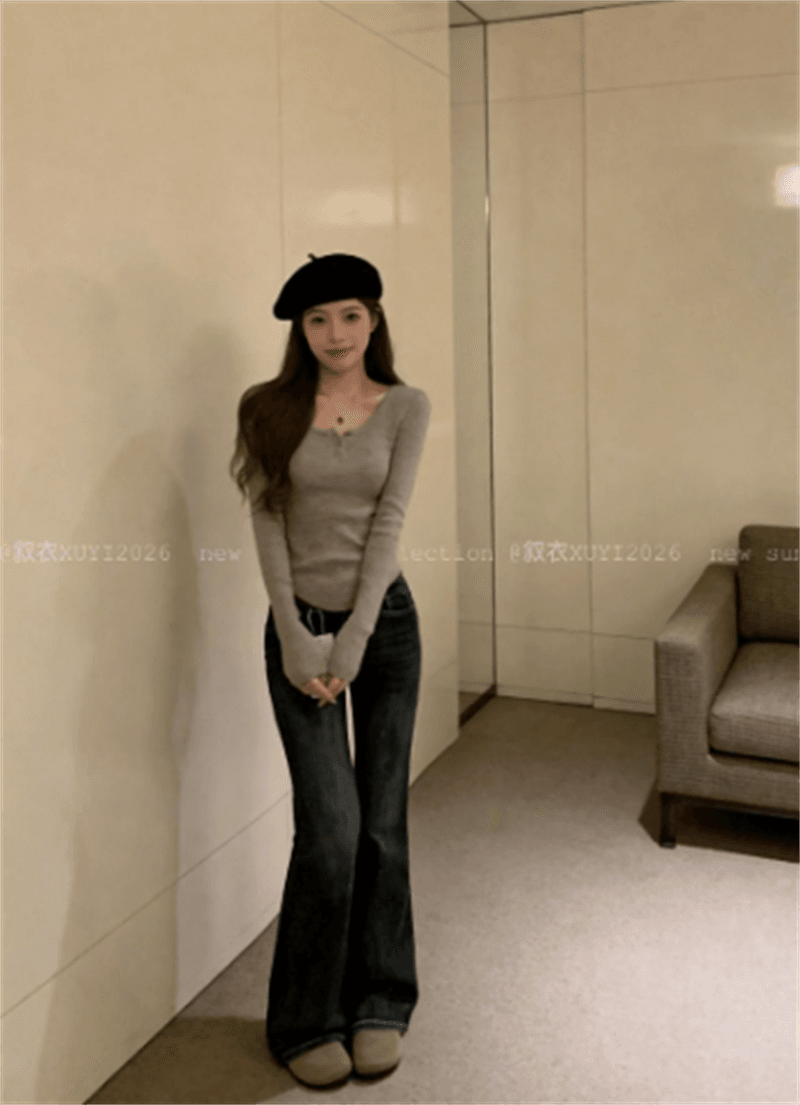 청바지 여성 이른 가을 아메리칸 레트로 진한 파란색 더블 버클 부츠컷 바지 좁은 에디션 신축성 몸매 가꾸기 슬림해 보이는 호스 슈 긴 바지 상세 이미지 5