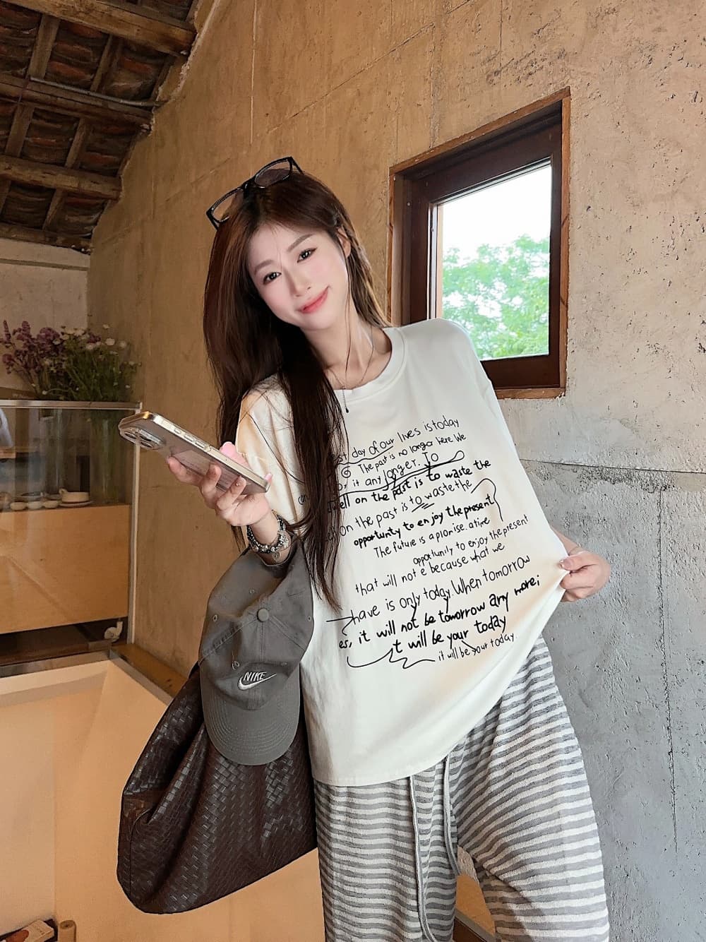 실사 정가 알파벳 프린트 티셔츠 여성 여름 루즈핏 디자인 홀로우 아웃 다용도 캐주얼 반팔 하이웨이스트 와이드 레그 팬츠 상세 이미지 13