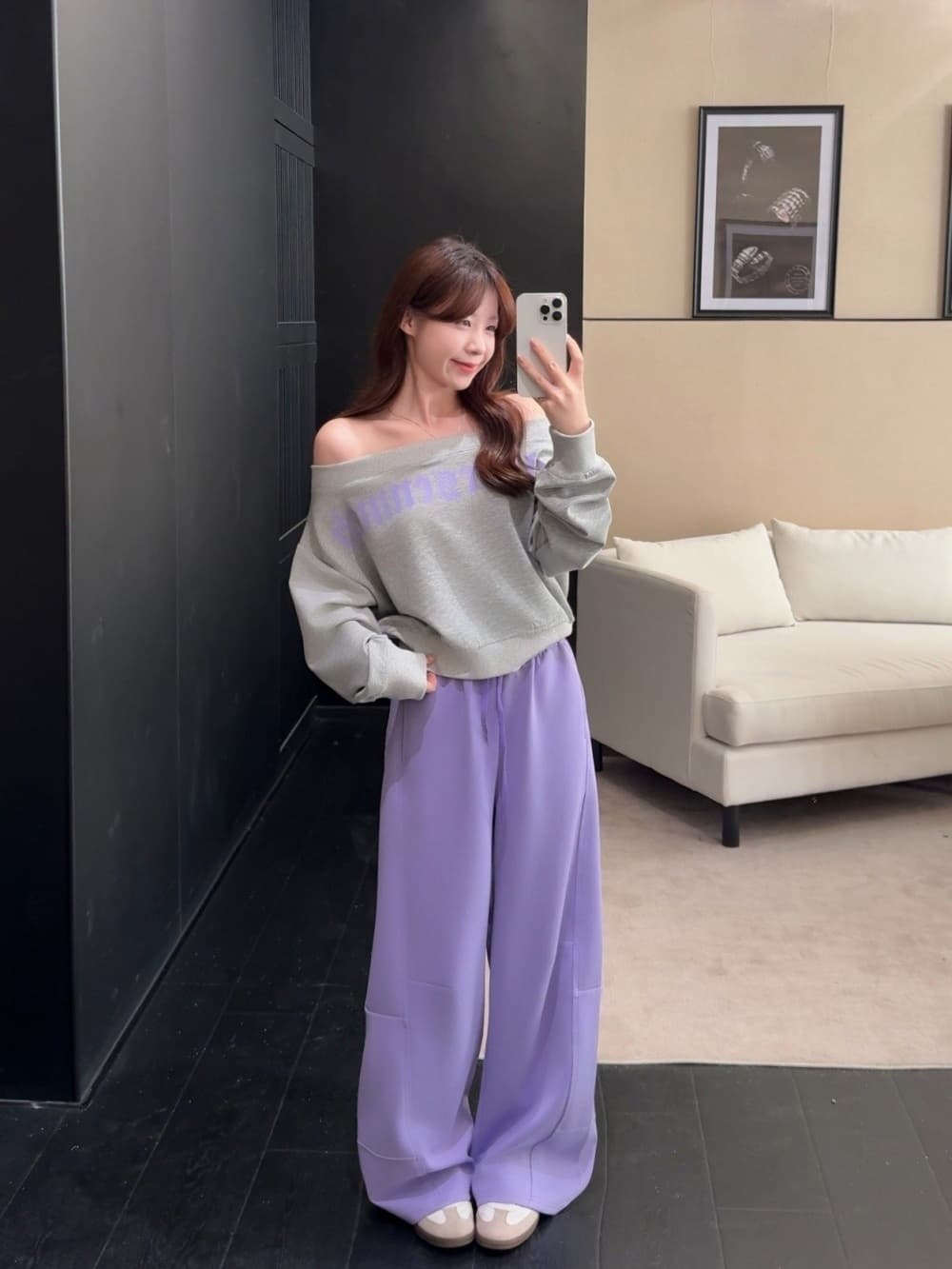 실사 정가 느긋한 센스 패치워크 색상 맨위 가을 프린트 오프숄더 알파벳 비스듬한 어깨 후드티 캐주얼 바지 세트