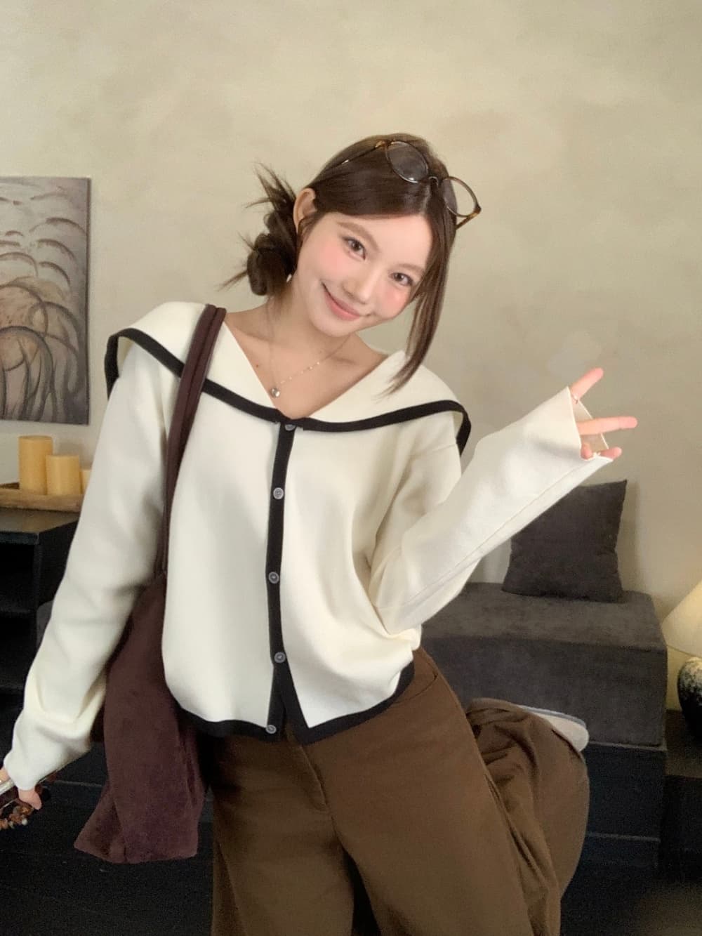 실사 정가 가을 겨울철 해군 칼라 폴로 칼라 니트 오픈 가디건 느긋한 바람 루즈핏 슬림해 보이는 스웨터 코트 맨위 상세 이미지 7