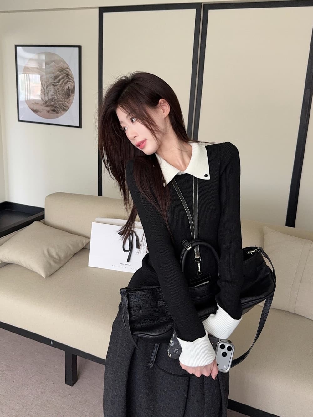 실사 정가 프랑스식 배색 페이크 레이어드 긴팔 니트 스웨터 여성 가을 겨울 몸매 가꾸기 인사이드 가져 가라. 스웨터 POLO 셔츠 맨위 상세 이미지 4