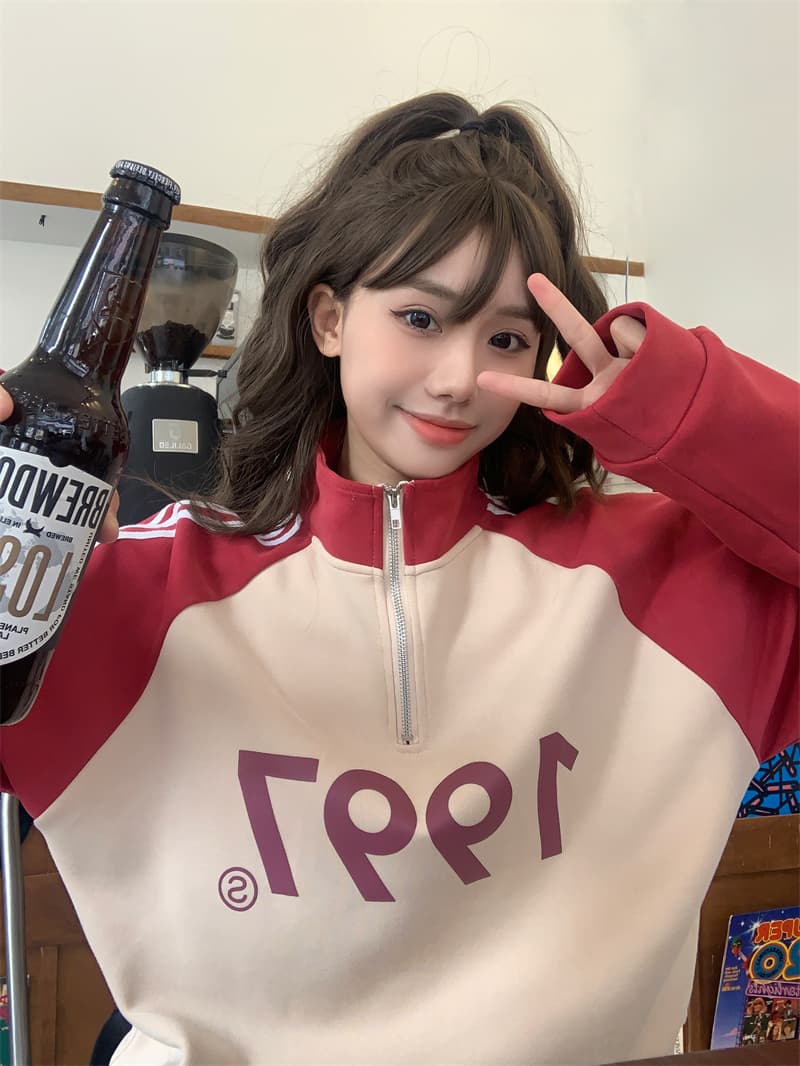 실사 정가 지퍼 후드티 여성 가을 지 천 새로운 작은 키 알파벳 긴팔 배색 캐주얼 맨위 짧은 외투 이미지 2