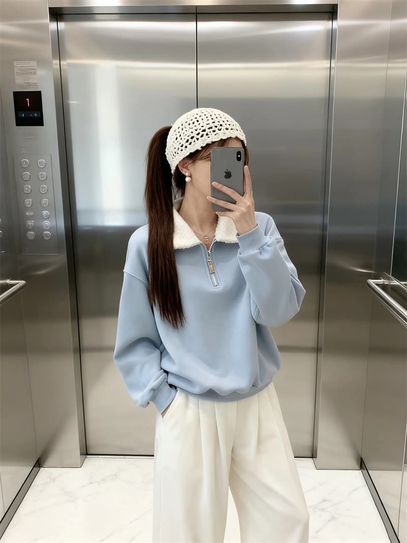 실사 정가 파란색 하프 지퍼 플리스 폴로 칼라 후드티 털이 있는 보온 루즈핏 미니멀리즘 캐주얼 맨위 재킷 상세 이미지 7