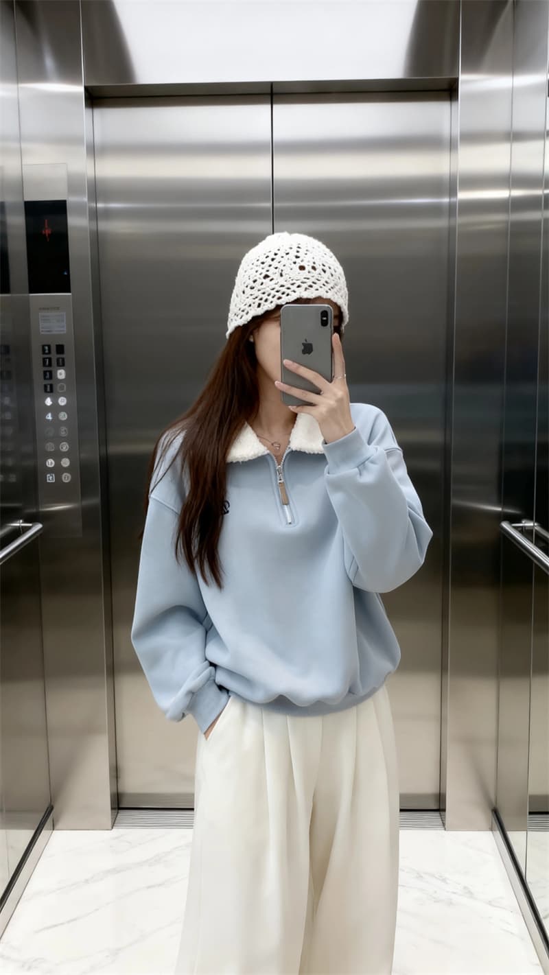 실사 정가 파란색 하프 지퍼 플리스 폴로 칼라 후드티 털이 있는 보온 루즈핏 미니멀리즘 캐주얼 맨위 재킷 상세 이미지 9