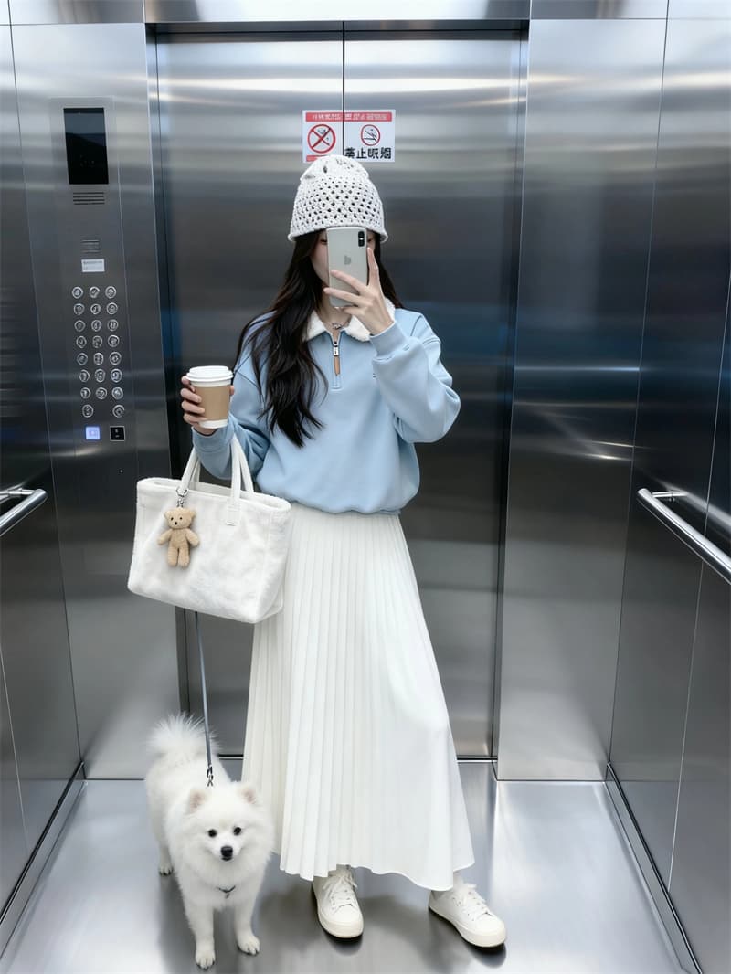 실사 정가 파란색 하프 지퍼 플리스 폴로 칼라 후드티 털이 있는 보온 루즈핏 미니멀리즘 캐주얼 맨위 재킷 상세 이미지 11