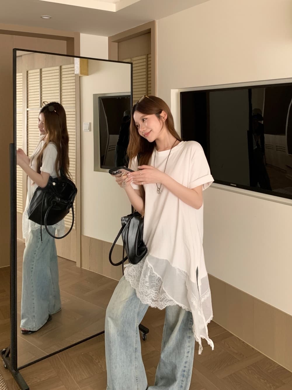 실사 정가 불규칙 레이스 레이스 패치워크 반팔 티셔츠 여성 몸매 가꾸기 슬림해 보이는 품격 맨위 트렌디 상세 이미지 10