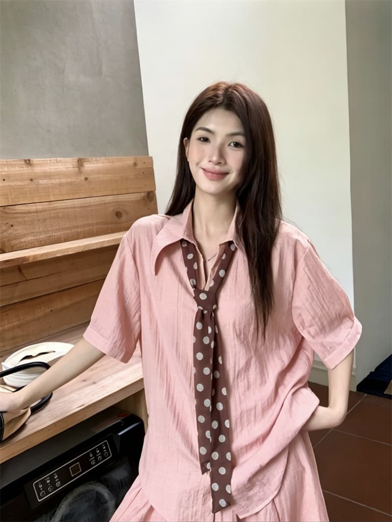 실사 정가 탈착식 스카프 셔츠 여름 느슨함 출퇴근 부드러운 찹쌀 도루 센스 셔츠 여성 아름다운 롱 스커트 세트 상세 이미지 12