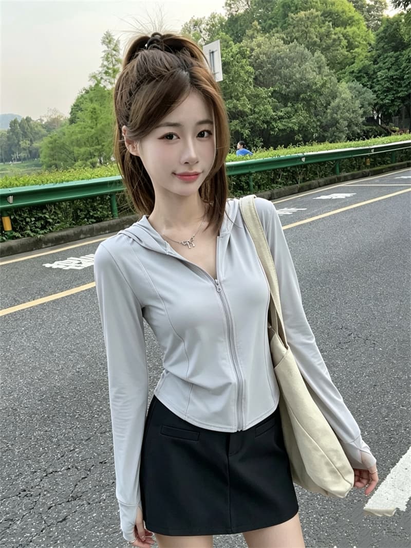실사 정가 얼음 실크 자외선 차단 의류 통기성 타이트 국방 자외선 맨위 후드 몸매 가꾸기 요가 외투 오픈 가디건 상세 이미지 19
