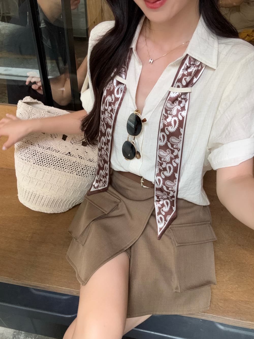 실사 여름 빛 요리 한 바람 세트 여성 폴로 칼라 디자인 센스 셔츠 코디 하이웨이스트 캐주얼 슬림해 보이는 워크웨어 반바지 상세 이미지 6