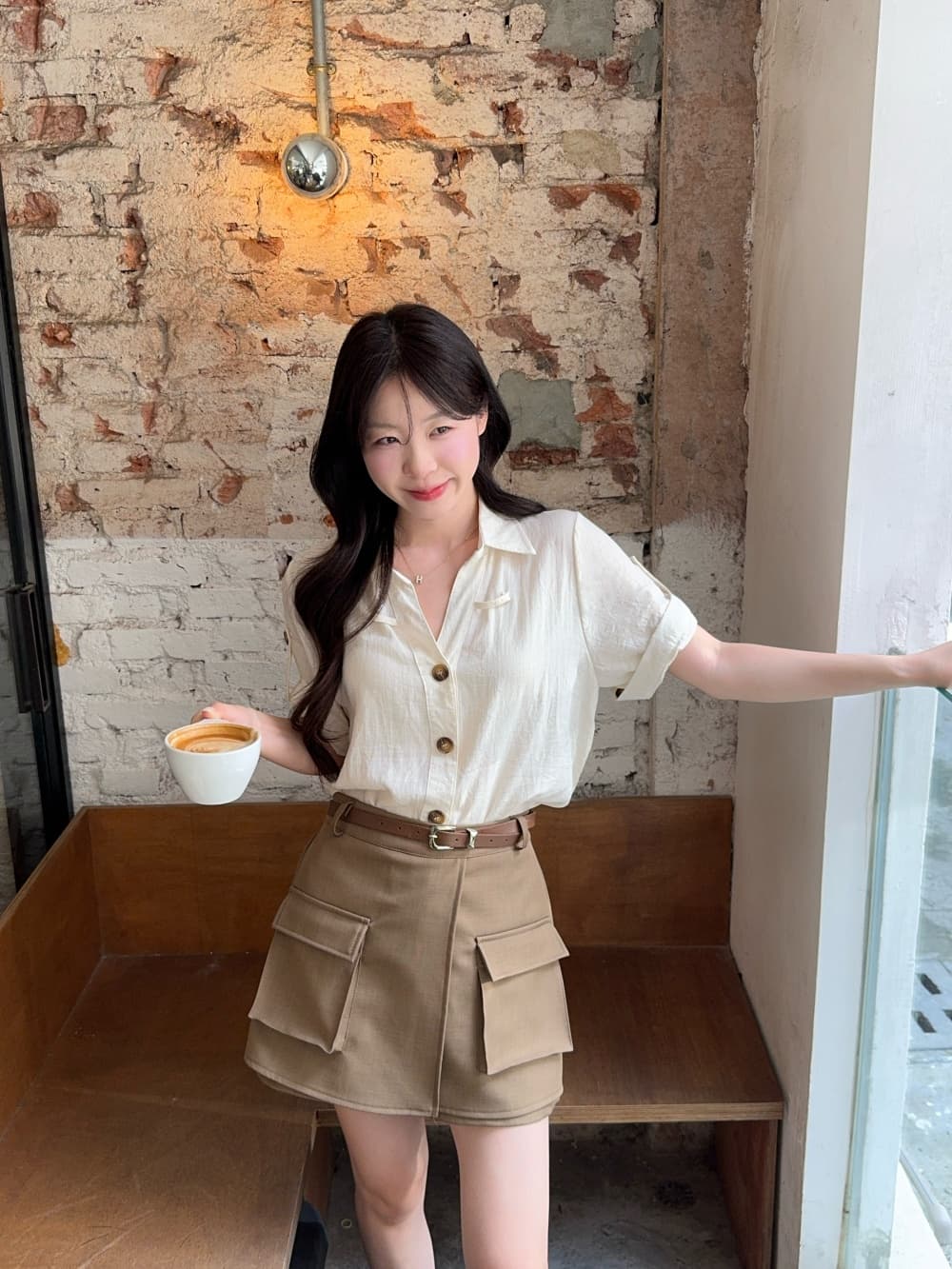 실사 여름 빛 요리 한 바람 세트 여성 폴로 칼라 디자인 센스 셔츠 코디 하이웨이스트 캐주얼 슬림해 보이는 워크웨어 반바지 상세 이미지 10