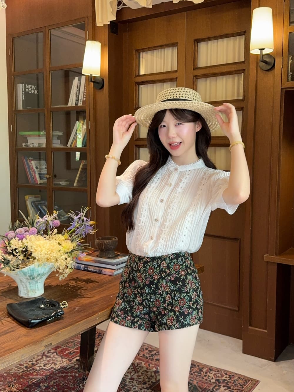 실사 정가 거품 소매 셔츠 여성 짧은 프랑스식 디자인 센스 품격 맨위 하이웨이스트 꽃무늬 넓은 다리가 짧다. 바지 상세 이미지 2