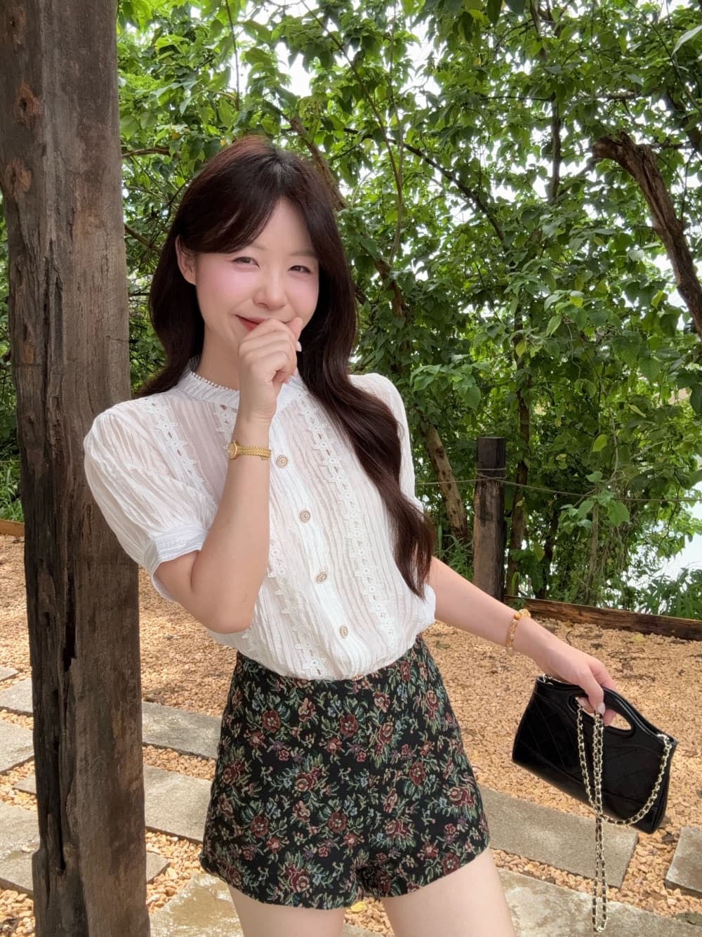실사 정가 거품 소매 셔츠 여성 짧은 프랑스식 디자인 센스 품격 맨위 하이웨이스트 꽃무늬 넓은 다리가 짧다. 바지 상세 이미지 3