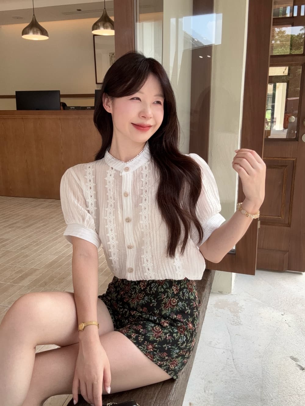 실사 정가 거품 소매 셔츠 여성 짧은 프랑스식 디자인 센스 품격 맨위 하이웨이스트 꽃무늬 넓은 다리가 짧다. 바지 상세 이미지 5