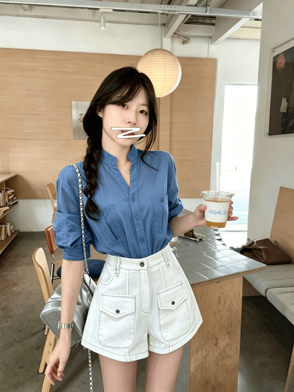 실사 정가 파란색 스탠드 칼라 긴팔 여성 셔츠 여름 얇은 스타일 슬림해 보이는 하이웨이스트 다용도 바지 세트 여성 트렌디 상세 이미지 1