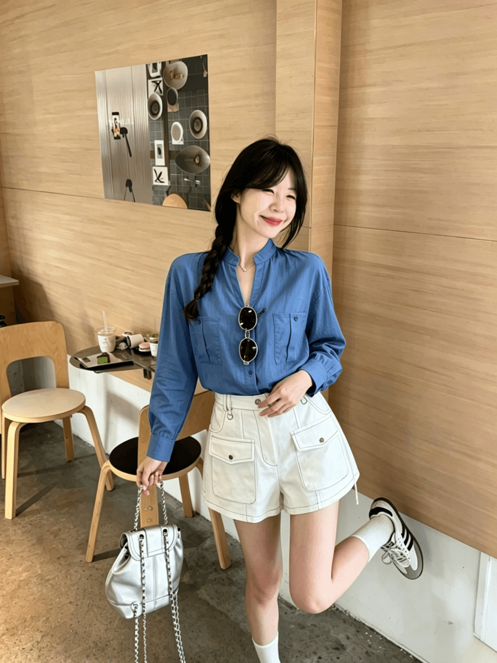 실사 정가 파란색 스탠드 칼라 긴팔 여성 셔츠 여름 얇은 스타일 슬림해 보이는 하이웨이스트 다용도 바지 세트 여성 트렌디 상세 이미지 2