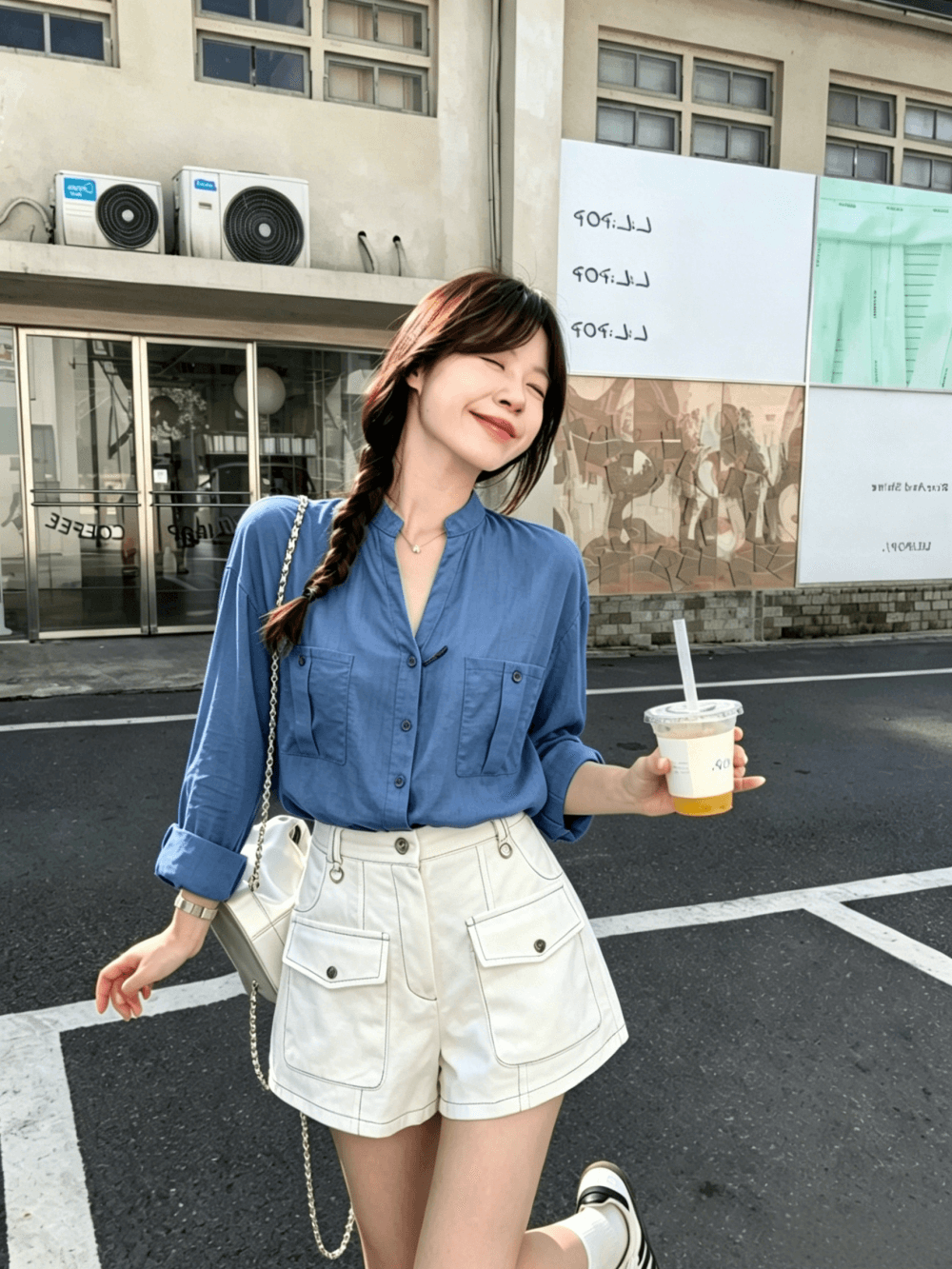 실사 정가 파란색 스탠드 칼라 긴팔 여성 셔츠 여름 얇은 스타일 슬림해 보이는 하이웨이스트 다용도 바지 세트 여성 트렌디 상세 이미지 4