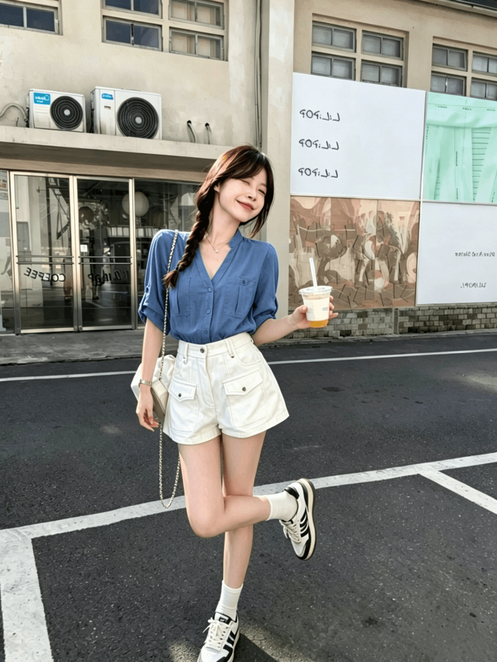 실사 정가 파란색 스탠드 칼라 긴팔 여성 셔츠 여름 얇은 스타일 슬림해 보이는 하이웨이스트 다용도 바지 세트 여성 트렌디 상세 이미지 5