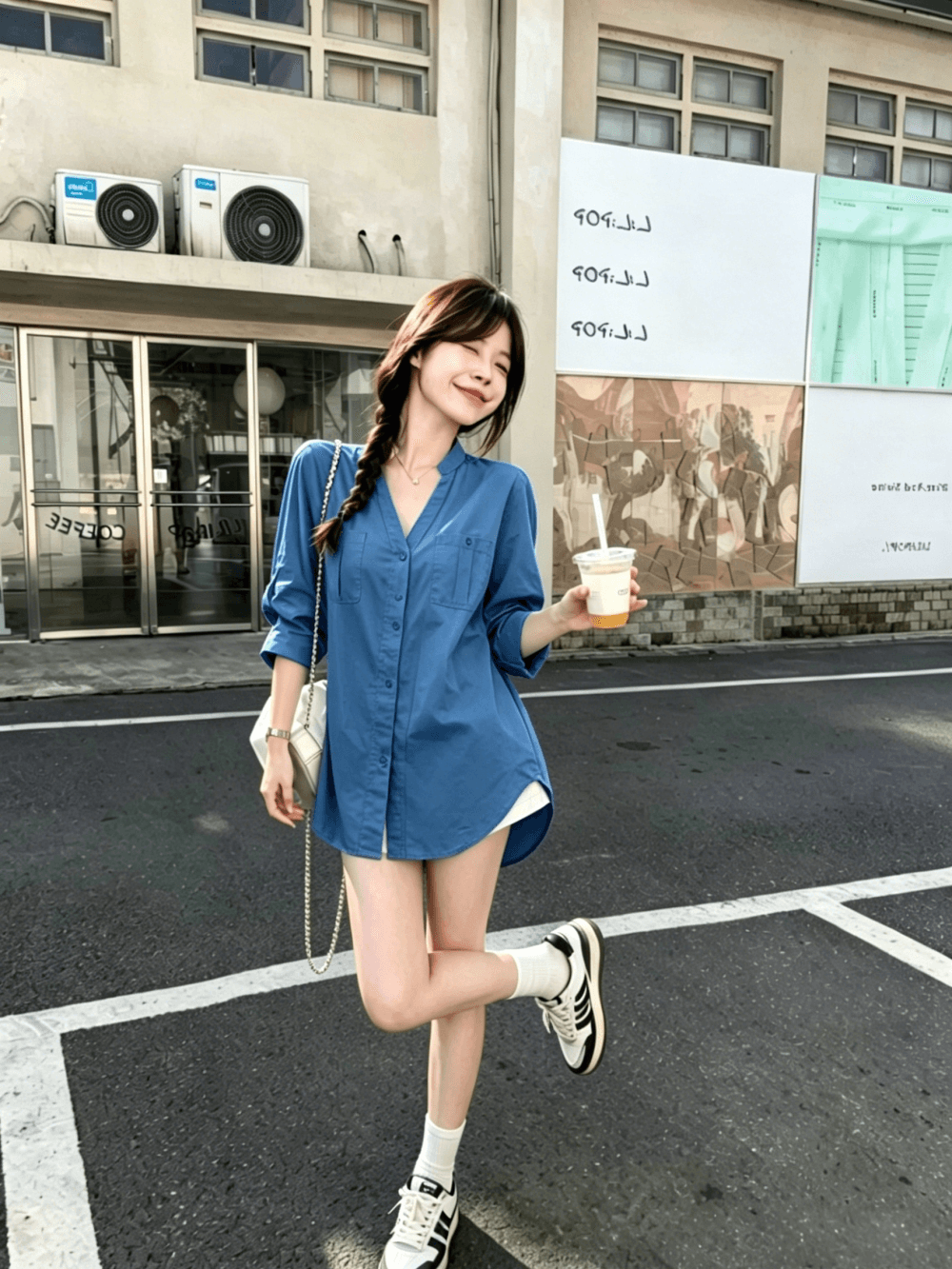 실사 정가 파란색 스탠드 칼라 긴팔 여성 셔츠 여름 얇은 스타일 슬림해 보이는 하이웨이스트 다용도 바지 세트 여성 트렌디 상세 이미지 6