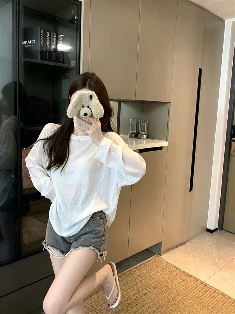 실사 정가 라이 경기 서울 주간 실크 코튼 얇은 스타일 긴팔 자외선 차단 티셔츠 루즈핏 슬림해 보이는 라운드 넥 순수한 욕망 바람 맨위 상세 이미지 2