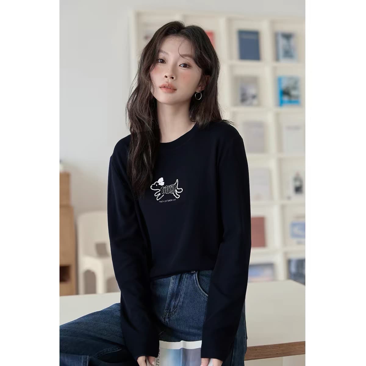 모유 수유 가을 겨울 수유 순면 티셔츠 달 마침표 다용도 슬림해 보이는 긴팔 먹이주기 강아지 만나는 맨위 상세 이미지 10