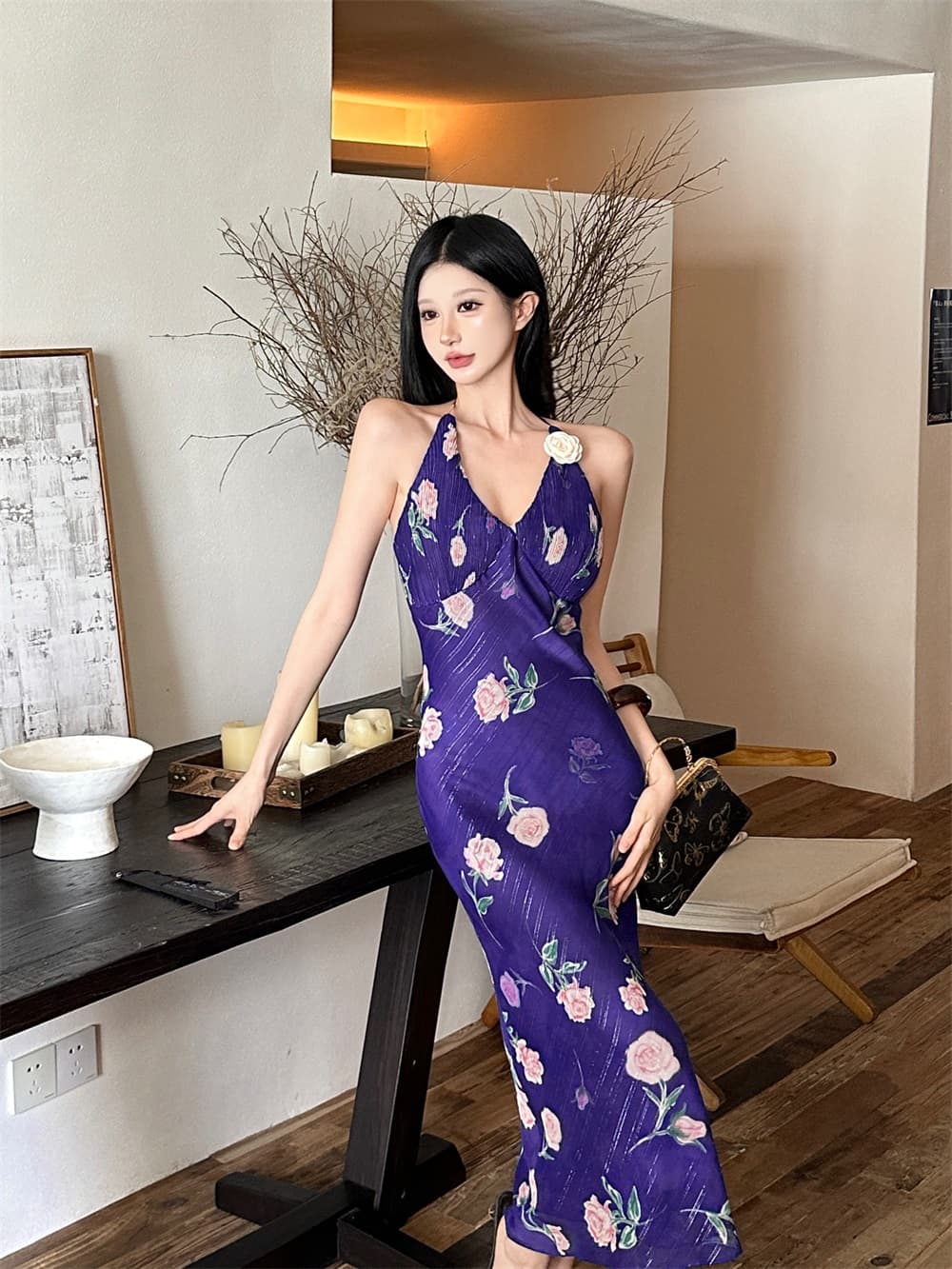 나인 보라색 떠나라. 화재 오리지널 디자인 보라색 은사 프린트 비스듬한 자르다 플리츠 행침 목 드레스 상세 이미지 1