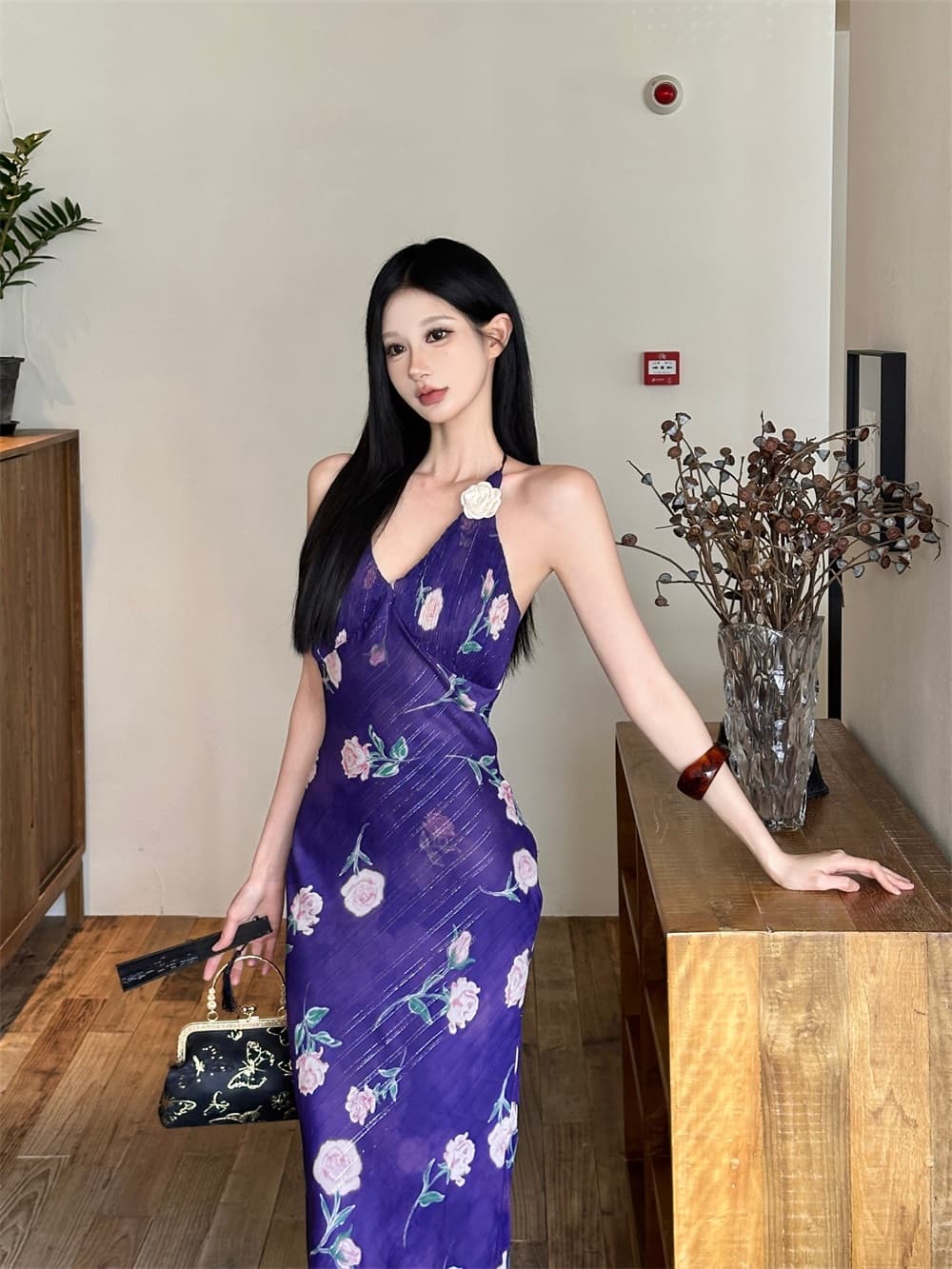 나인 보라색 떠나라. 화재 오리지널 디자인 보라색 은사 프린트 비스듬한 자르다 플리츠 행침 목 드레스 상세 이미지 3