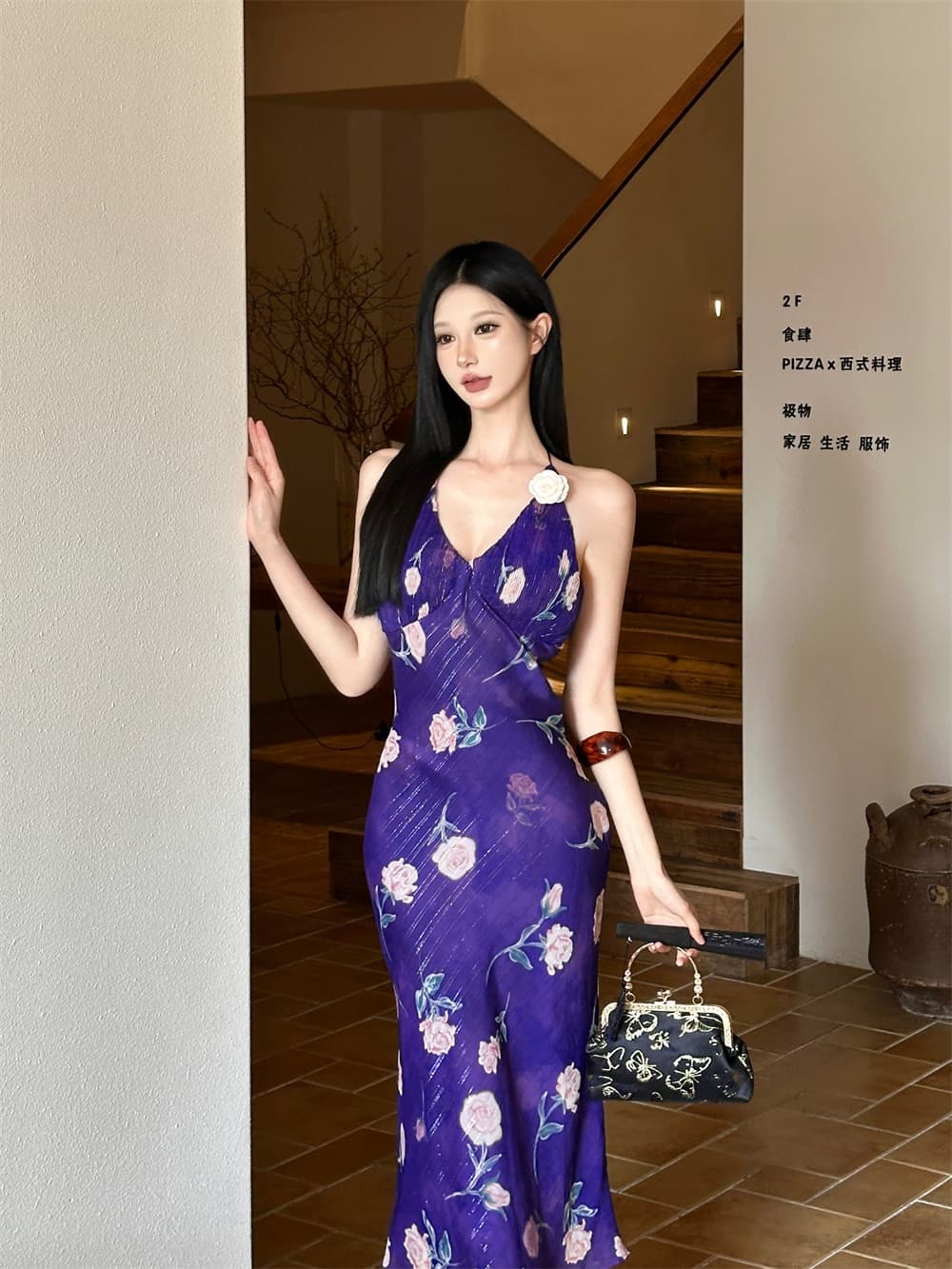 나인 보라색 떠나라. 화재 오리지널 디자인 보라색 은사 프린트 비스듬한 자르다 플리츠 행침 목 드레스 상세 이미지 7