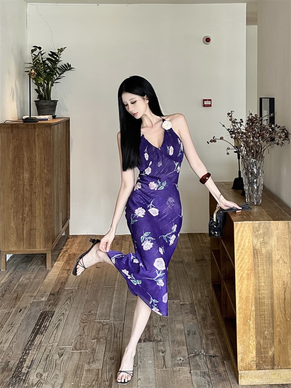 나인 보라색 떠나라. 화재 오리지널 디자인 보라색 은사 프린트 비스듬한 자르다 플리츠 행침 목 드레스 상세 이미지 8