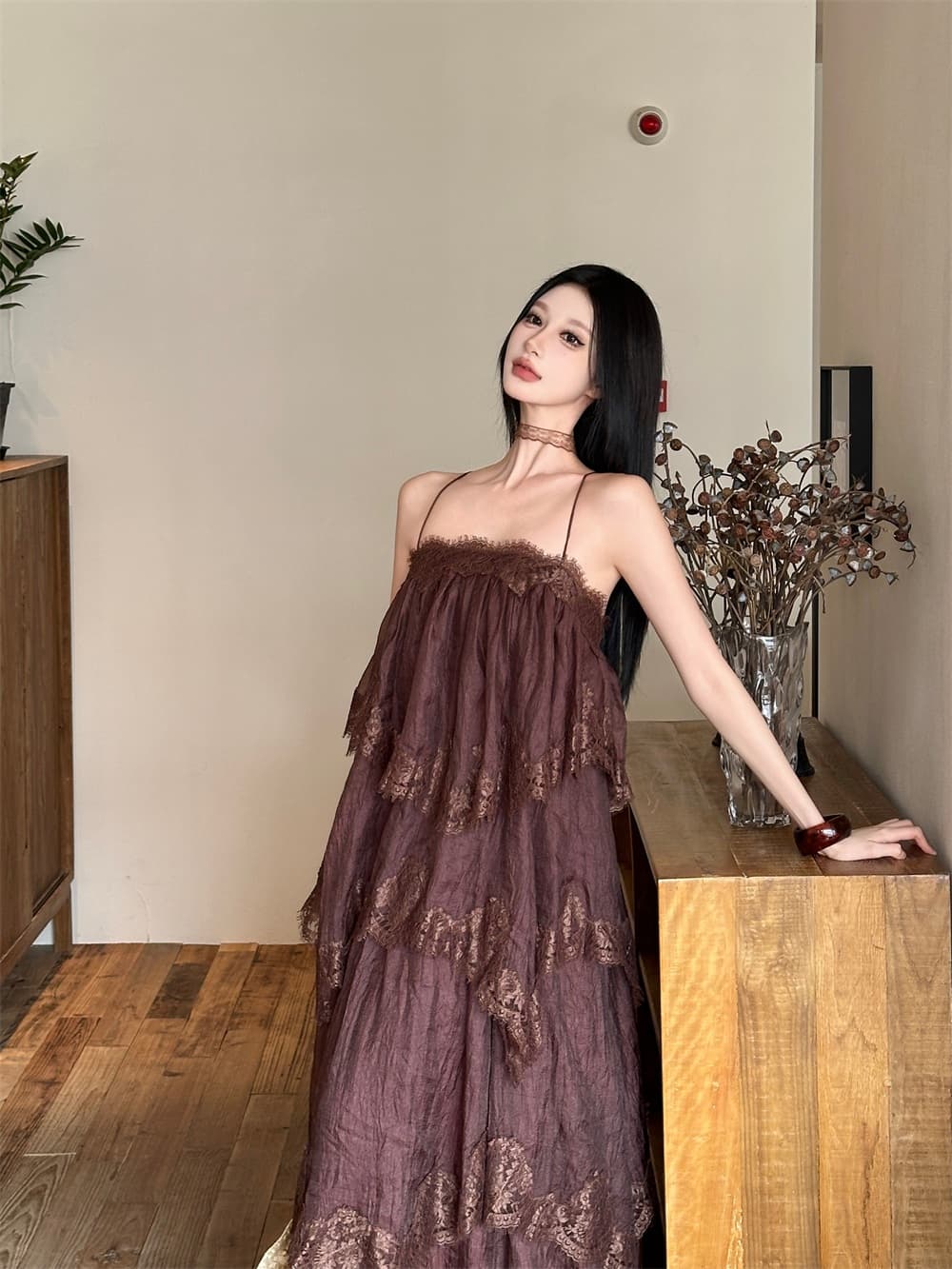 커피 색상 베이지 색 섹시함 레이스 슬립 여성 드레스 봄 여름 새로운 2026 프랑스식 레트로 상세 이미지 14