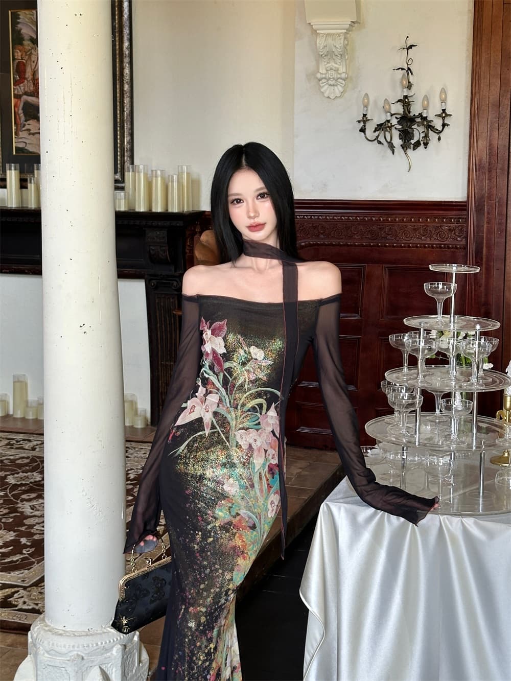 暮 리안 떠 다니는 골드 다림질 금박 오프숄더 백합 꽃 후이 망사 오프숄더 인어 꼬리 스커트 이미지 3