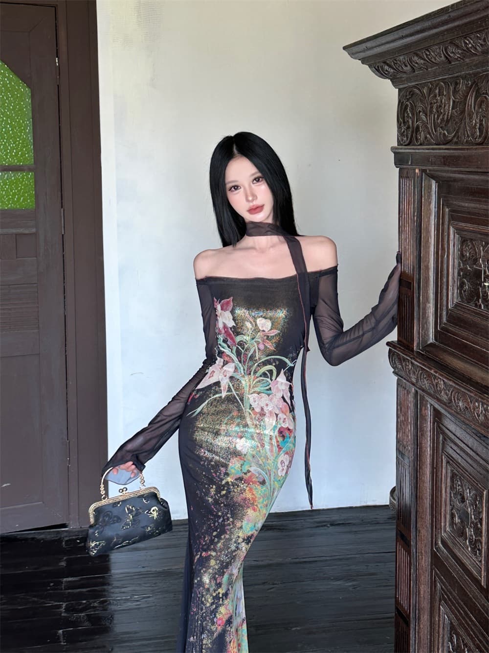 暮 리안 떠 다니는 골드 다림질 금박 오프숄더 백합 꽃 후이 망사 오프숄더 인어 꼬리 스커트 상세 이미지 12