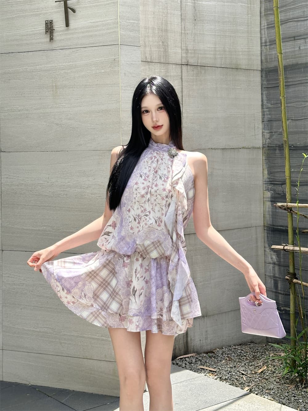 꽃 틈 이야기 낭만주의 레트로 꽃무늬 행침 목 리본 드레스 미니 스커트 이미지 4