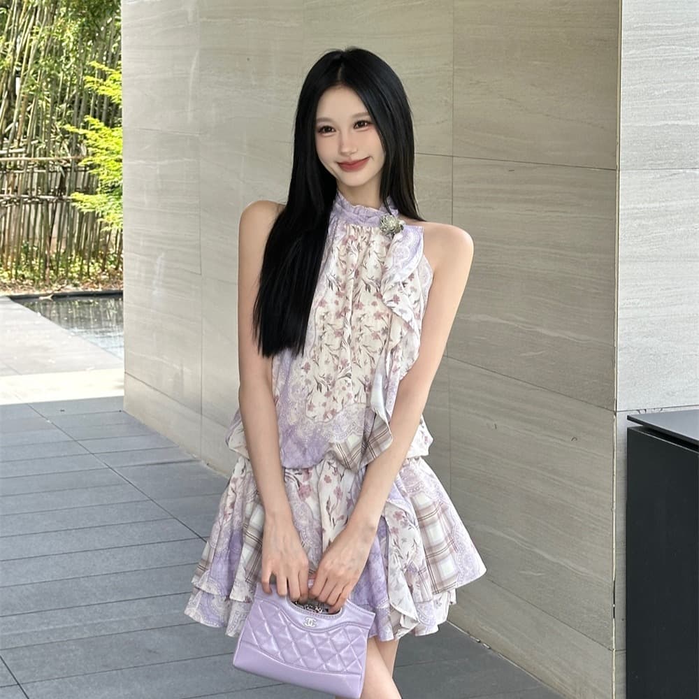 꽃 틈 이야기 낭만주의 레트로 꽃무늬 행침 목 리본 드레스 미니 스커트 이미지 6