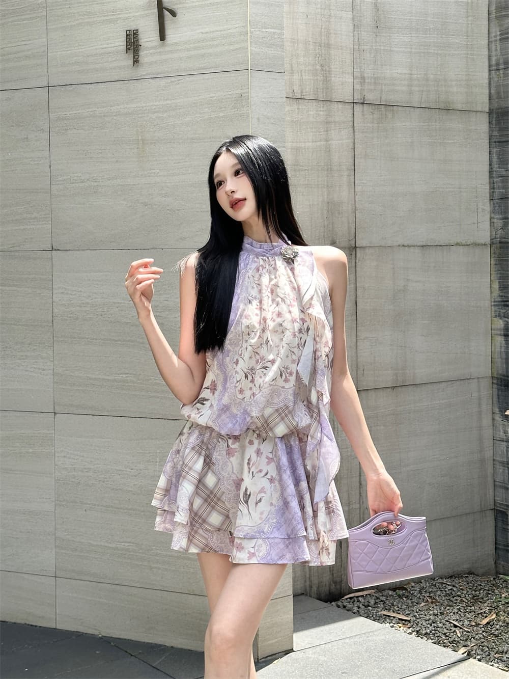 꽃 틈 이야기 낭만주의 레트로 꽃무늬 행침 목 리본 드레스 미니 스커트 상세 이미지 4